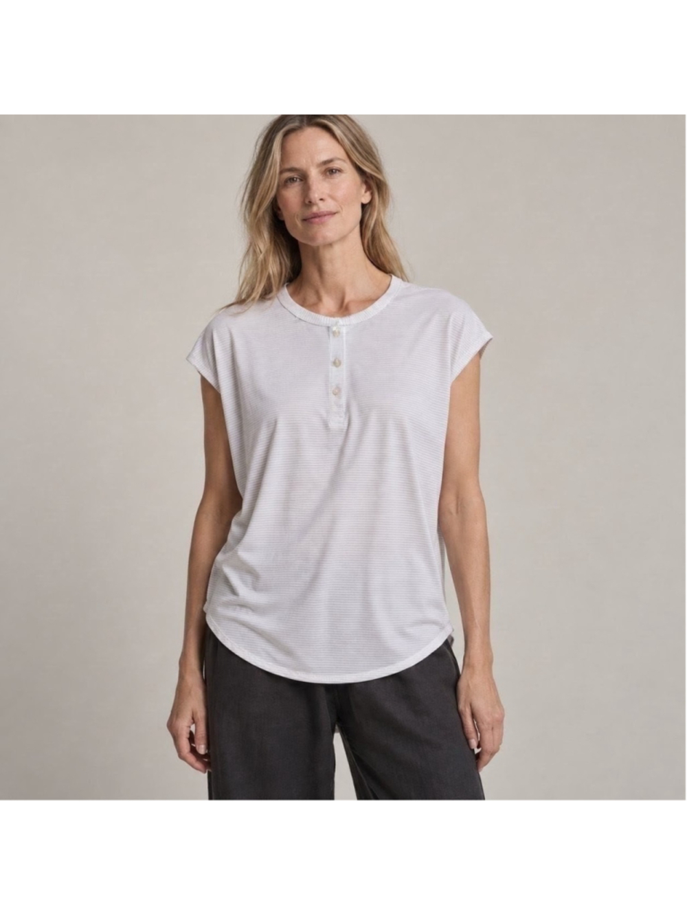 Eileen Fisher Organic Cotton Striped Henley Top Sz M
